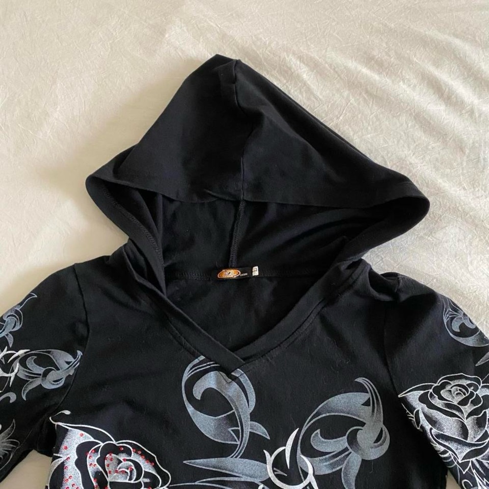 Y2k long sleeve hooded mini dress with rhinestones rose & tribal pattern - Picture 2 of 8